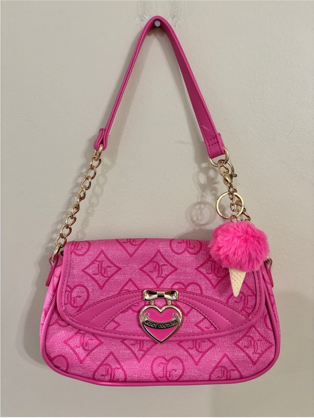 Juicy Couture Hot Pink Precious Moments Flap Shoulder Bag with Hearts Pattern